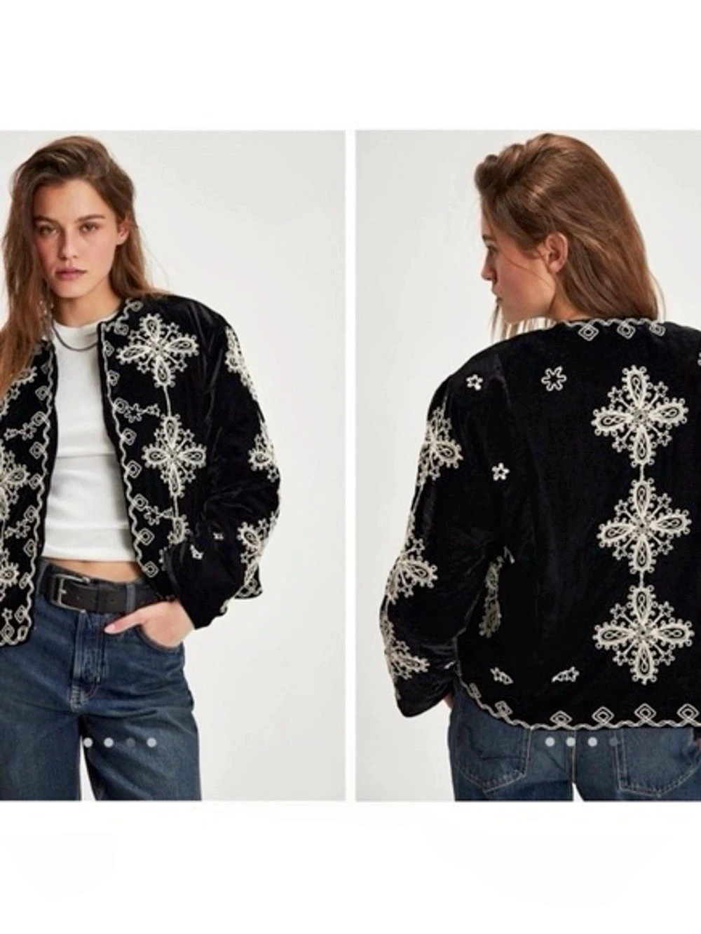 Free people Mia Small  Embroidered Bomber Jacket in Black & White Like New